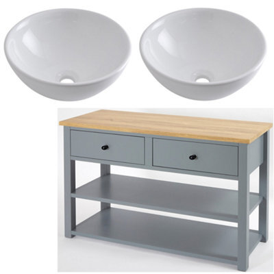 Homestylestore 1215mm Light Grey And Oak Bathroom Vanity Unit With Round Countertop Basins And Black Round Handles - image 1