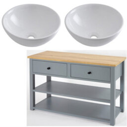 Homestylestore 1215mm Light Grey And Oak Bathroom Vanity Unit With Round Countertop Basins And Black Round Handles - thumbnail 1