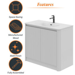 Plum&clay Isla Ribbed Fluted White Freestanding Bathroom Vanity Unit & White Basin Set (W)1000mm - thumbnail 6