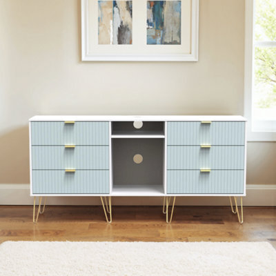 Linear Ready Assembled Matt Duck Egg & White Media Unit With 2 Shelves & 6 Drawers, (H)152Cm X (W)74Cm X (D)39.5Cm - image 1