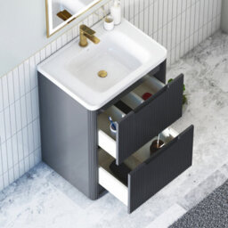 Royal Bathrooms Avenza 600mm Fluted Floor Standing Vanity Unit Matt Obsidian Black 2 Drawer Storage Cabinet With Ceramic Basin - thumbnail 3