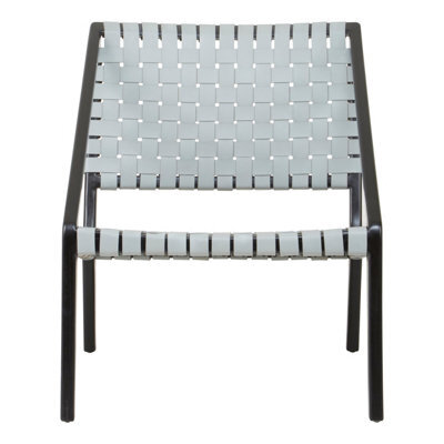 Orsina Grey Leather Woven Chair,teak Wood Armchair,black Framed Dining Chair,patio Chair With Leather Straps - image 1