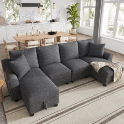 Btm U Shaped Chenille Sofa, Sectional Couch With 2 Storage Chaise Lounges And Cushions, Grey, 280X137X84Cm - thumbnail 8