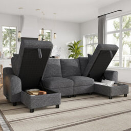 Btm U Shaped Chenille Sofa, Sectional Couch With 2 Storage Chaise Lounges And Cushions, Grey, 280X137X84Cm - thumbnail 9