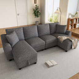 Btm U Shaped Chenille Sofa, Sectional Couch With 2 Storage Chaise Lounges And Cushions, Grey, 280X137X84Cm - thumbnail 3