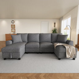 Btm U Shaped Chenille Sofa, Sectional Couch With 2 Storage Chaise Lounges And Cushions, Grey, 280X137X84Cm - thumbnail 4
