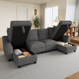 Btm U Shaped Chenille Sofa, Sectional Couch With 2 Storage Chaise Lounges And Cushions, Grey, 280X137X84Cm