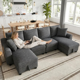 Btm U Shaped Chenille Sofa, Sectional Couch With 2 Storage Chaise Lounges And Cushions, Grey, 280X137X84Cm - thumbnail 2