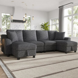 Btm U Shaped Chenille Sofa, Sectional Couch With 2 Storage Chaise Lounges And Cushions, Grey, 280X137X84Cm - thumbnail 7