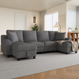 Btm U Shaped Chenille Sofa, Sectional Couch With 2 Storage Chaise Lounges And Cushions, Grey, 280X137X84Cm - thumbnail 5