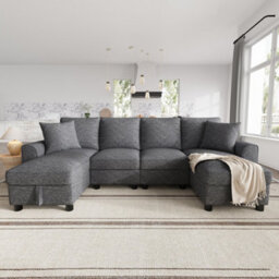 Btm U Shaped Chenille Sofa, Sectional Couch With 2 Storage Chaise Lounges And Cushions, Grey, 280X137X84Cm - thumbnail 6