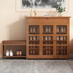 Shoe Cabinet & Bench Bamboo Wood 3 Doors Storage Sideboard Shoe Bench - thumbnail 1