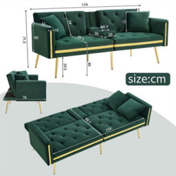 Abrihome Two-Seater Sofa Bed With Adjustable Backrest, Gold Accents & Built-In Cup Holders, Space-Saving Convertible, Green - thumbnail 9