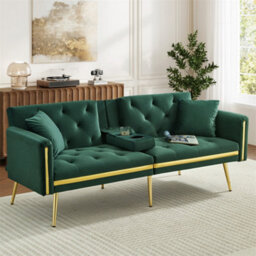 Abrihome Two-Seater Sofa Bed With Adjustable Backrest, Gold Accents & Built-In Cup Holders, Space-Saving Convertible, Green