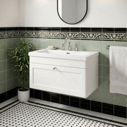 Balterley Swynnerton Traditional 1 Drawer Wall Hung Vanity Unit With Fireclay Basin, Satin White, 800mm - thumbnail 2