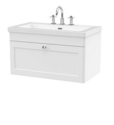 Balterley Swynnerton Traditional 1 Drawer Wall Hung Vanity Unit With Fireclay Basin, Satin White, 800mm