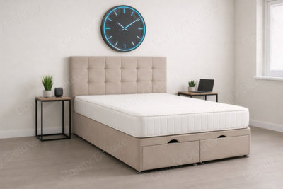 Comfy Deluxe 4Ft Small Coffee Plush Cube Ottoman Lift Open Storage Bed Set Headboard With Mattress