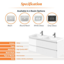 Plum&clay Marvel Gloss White Wall Hung Bathroom Vanity Unit With Resin Basin (W)1200mm - thumbnail 4