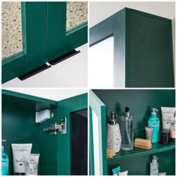 Homestylestore 900 X 650mm Dark Green Wall Mounted Mirrored Door Bathroom Cabinet And Black Finger Pull Handles - thumbnail 3