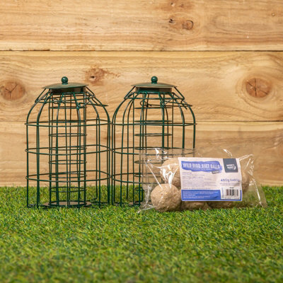 Pack Of 2 Samuel Alexander Metal Hanging Bird Fat Ball Feeder With Squirrel Guard & Pack Of 6 Suet Fat Balls - image 1