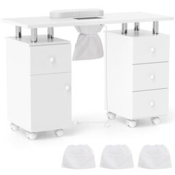 Gainoom White Rolling Manicure Table Nail Table Station With 8 Lockable Wheels - thumbnail 1