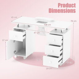 Gainoom White Rolling Manicure Table Nail Table Station With 8 Lockable Wheels - thumbnail 2