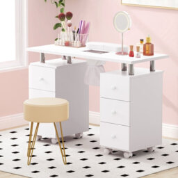 Gainoom White Rolling Manicure Table Nail Table Station With 8 Lockable Wheels - thumbnail 6