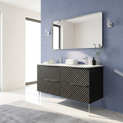 Bathroom City Elvia 1200mm Black Double Vanity Unit With 2 Basins - Diamond Front Double Sink Cabinet, Soft-Close Drawers - Chrome Handles - image 1