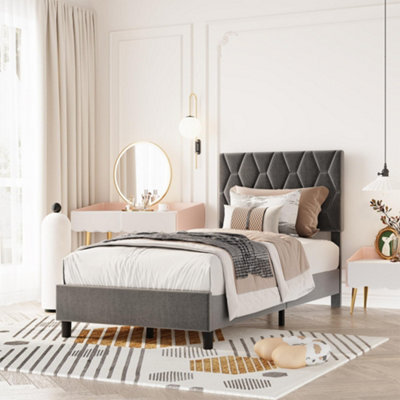 Upholstered Bed Frame With Adjustable Diamond Tufted Headboard, Wooden Slats Support, Grey/single, 100 X 190 Cm - image 1