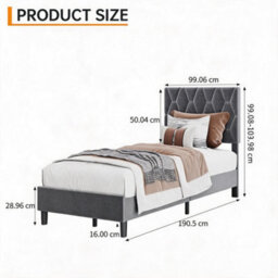 Upholstered Bed Frame With Adjustable Diamond Tufted Headboard, Wooden Slats Support, Grey/single, 100 X 190 Cm - thumbnail 2