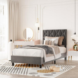 Upholstered Bed Frame With Adjustable Diamond Tufted Headboard, Wooden Slats Support, Grey/single, 100 X 190 Cm