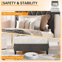 Upholstered Bed Frame With Adjustable Diamond Tufted Headboard, Wooden Slats Support, Grey/single, 100 X 190 Cm - thumbnail 6