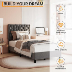 Upholstered Bed Frame With Adjustable Diamond Tufted Headboard, Wooden Slats Support, Grey/single, 100 X 190 Cm - thumbnail 7