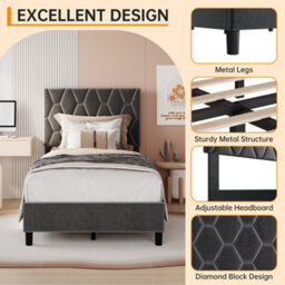 Upholstered Bed Frame With Adjustable Diamond Tufted Headboard, Wooden Slats Support, Grey/single, 100 X 190 Cm - thumbnail 4