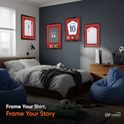 "AK Frames 90X60Cm Matte Black Football Shirt Frame With Crimson Mount - 58X40Cm Shirt Window Plus Two 5X3.5"" Photo Apertures" - thumbnail 4