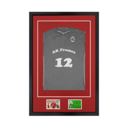 "AK Frames 90X60Cm Matte Black Football Shirt Frame With Crimson Mount - 58X40Cm Shirt Window Plus Two 5X3.5"" Photo Apertures"