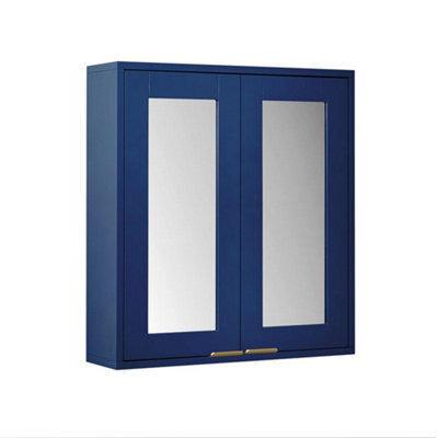 Homestylestore 600 X 650mm Navy Blue Wall Mounted Mirrored Door Bathroom Cabinet And Brushed Brass Finger Pull Handles - image 1