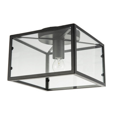 Happy Homewares Industrial Square Box Matte Black Ceiling Light With Clear Glass Sides - image 1