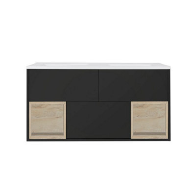 Homestylestore Black Grey 1210mm Wall Hung Bathroom Vanity Unit Open Shelf Double Basin And With Led Light - image 1