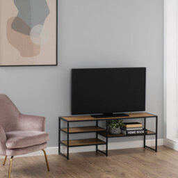 Furniture To Go Seaford Black Metal Open Tv Unit With 3 Oak Shelves - thumbnail 5
