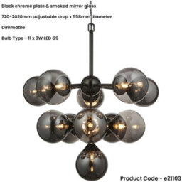 Loops Multi Arm Hanging Ceiling Pendant Light - Black Chrome Plate & Smoked Mirror Glass - 11 X 3W Led G9 - thumbnail 2