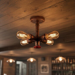 Industrial Pipe Chandelier 4 Light Steampunk Lighting Fixture In Rustic Red Finish - thumbnail 3