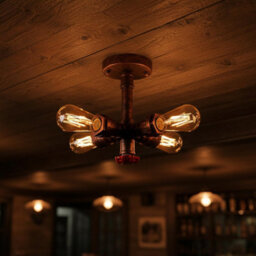 Industrial Pipe Chandelier 4 Light Steampunk Lighting Fixture In Rustic Red Finish - thumbnail 4