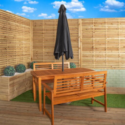 Samuel Alexander Outdoor 4 Person Rectangular Wooden Garden Table, 2 Benches With Black Havana Parasol & Base - thumbnail 2