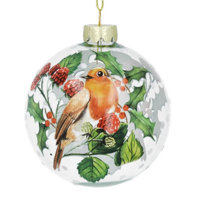 Gisela Graham Christmas Traditional Robin Glass Bauble With Twine Hanger 10 X 7.5 Cm, Medium Oval Tree Decoration