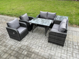 Fimous Wicker Pe Rattan Garden Dining Set Outdoor Furniture Sofa With Rectangular Dining Table Side Table Dark Grey Mixed - thumbnail 2
