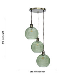 First Choice Lighting Henry Antique Brass 3 Light Cluster Pendant With Green Ribbed Shades - thumbnail 5