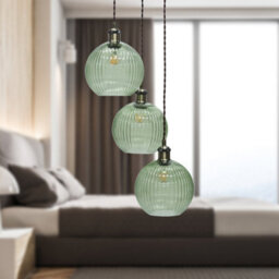 First Choice Lighting Henry Antique Brass 3 Light Cluster Pendant With Green Ribbed Shades - thumbnail 3