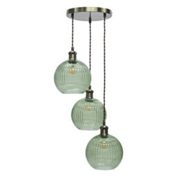 First Choice Lighting Henry Antique Brass 3 Light Cluster Pendant With Green Ribbed Shades - thumbnail 1