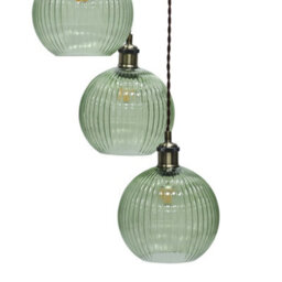 First Choice Lighting Henry Antique Brass 3 Light Cluster Pendant With Green Ribbed Shades - thumbnail 2